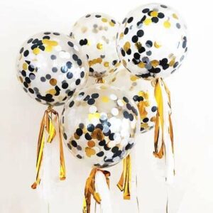 Clear Balloons with Gold Black white confetti