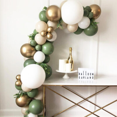Chrome gold dusty green DIY balloon garland kit, party decoration Auckland NZ