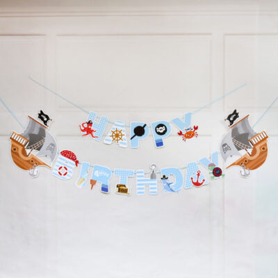 Pirate ship Happy Birthday banner light blue cardstock, Auckland NZ