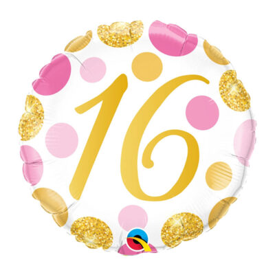 Qualatex Pink & Gold Dots Age 16 Age 16 pink gold dots foil balloon 18 inch Qualatex, Auckland NZ