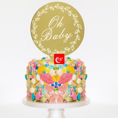 oh baby cake topper2 Oh Baby gold round baby shower cake topper acrylic, Auckland NZ