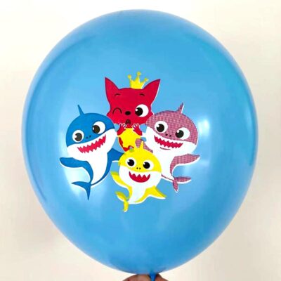 Light blue Baby Shark print latex balloon 12 inch helium quality, Auckland NZ