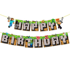 Minecraft party Happy Birthday banner cardstock ribbon, Auckland NZ