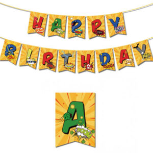 Superhero theme Happy Birthday banner yellow, Auckland NZ