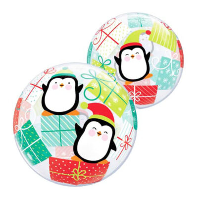Penguins and Presents Christmas bubble balloon 56cm Qualatex, Auckland NZ