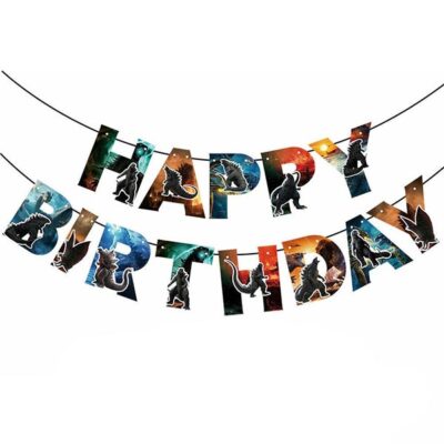 Godzilla party theme birthday banner1 Godzilla party Happy Birthday banner cardstock ribbon, Auckland NZ