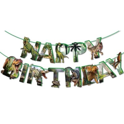 dinosaur party happy birthday banners1 Dinosaur party Happy Birthday banner 13 cards 3m white ribbon, Auckland NZ