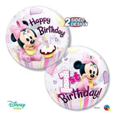 Minnie Mouse 1st birthday bubble balloon 56cm Qualatex, Auckland NZ