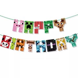 Minecraft theme Happy Birthday banner 15 cards 3m ribbon, Auckland NZ