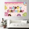 Donut party wall paper Donut happy birthday wall backdrop banner premium fabric, Auckland NZ