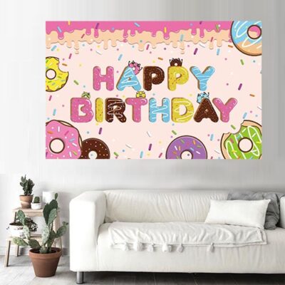 Donut party wall paper Donut happy birthday wall backdrop banner premium fabric, Auckland NZ