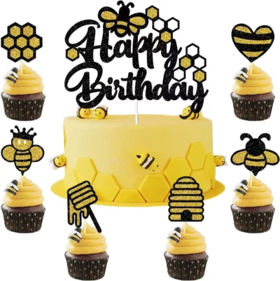 Bee party theme Bee Cake decorations Happy Bee birthday party cupcake toppers, Auckland NZ