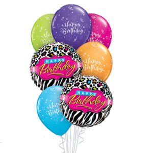 Happy Birthday Leopard balloon bouquet box 7 pieces 2 foil 5 latex, Auckland NZ