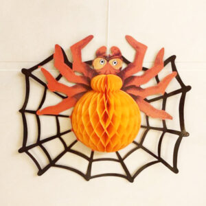 Halloween orange paper spider decoration, party Auckland NZ