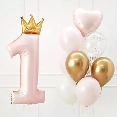 Jumbo Crown Pink Number 1 Foil balloons pack Baby pink crown number 1 foil balloon with pink, gold and white balloons
