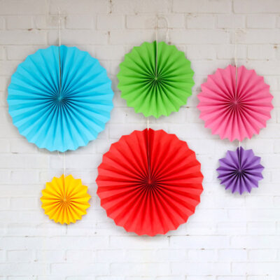6 piece plain rainbow paper fan decoration pack, kids party Auckland NZ