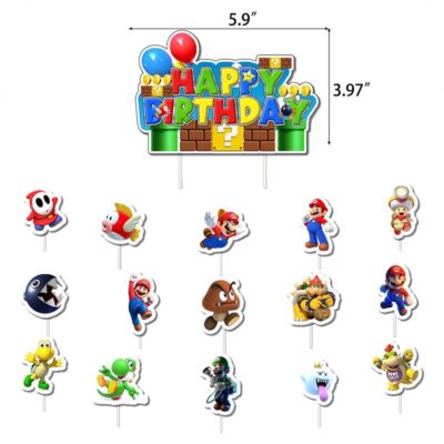 Super Mario happy birthday cake topper set 16pcs — 1 cake topper + 15 cupcake toppers, Auckland NZ