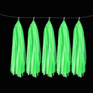 Neon green UV reactive tissue tassels, neon party decoration Auckland NZ
