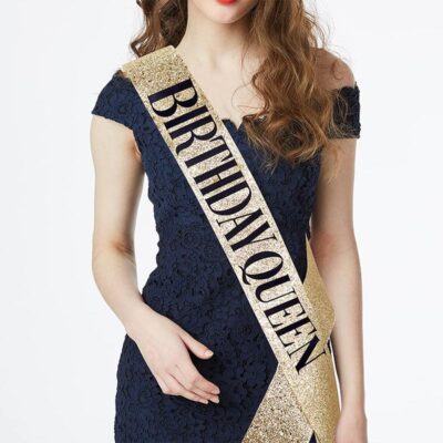 Birthday Queen gold on black sash 78cm, party Auckland NZ