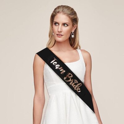 Team Bride rose gold on black sash 78cm, hens night Auckland NZ