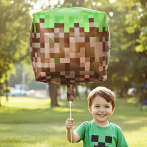 4D Minecraft pixel grass block foil balloon gaming party, Auckland NZ