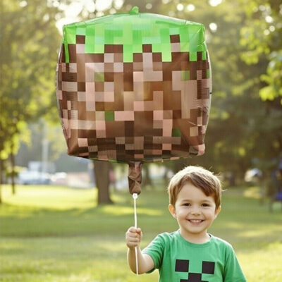 4D Minecraft pixel grass block foil balloon gaming party, Auckland NZ