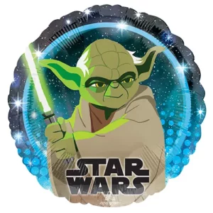 Star Wars Galaxy Yoda foil balloon 45cm with lightsaber and holographic space background – Star Wars party balloon NZ, Balloons4you Auckland
