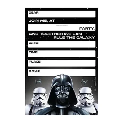 Star Wars Classic invitations 8pk featuring Darth Vader and Stormtroopers with fill-in party details – Star Wars party invites NZ, Balloons4you Auckland