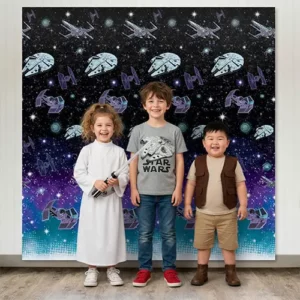 Star Wars Galaxy scene setter backdrop 1.21m x 2.43m featuring Millennium Falcon X-Wings and TIE Fighters in deep space – Star Wars party decoration NZ, Balloons4you Auckland