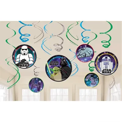 Star Wars Galaxy Swirl Decorations Star Wars Galaxy hanging swirl decorations 12pk featuring Stormtrooper Darth Vader Yoda R2-D2 and Millennium Falcon – Star Wars party ceiling decorations NZ, Balloons4you Auckland