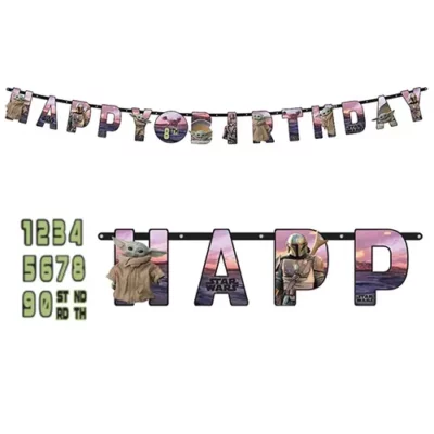 Star Wars Mandalorian Add An Age Happy Birthday banner 3.2m featuring Baby Yoda Grogu and The Mandalorian – Star Wars party decoration NZ, Balloons4you Auckland