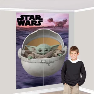 Star Wars Mandalorian scene setter wall backdrop 1.4m x 2.02m featuring Baby Yoda Grogu in floating pod with Razor Crest – Star Wars party decoration NZ, Balloons4you Auckland