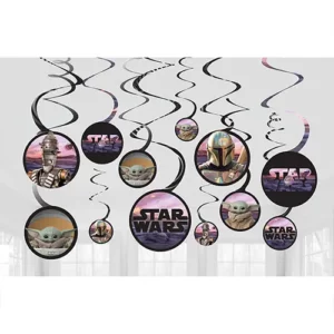 Star Wars Mandalorian hanging swirl decorations 12pk featuring Baby Yoda Grogu Mandalorian and IG-11 – Star Wars party ceiling decorations NZ, Balloons4you Auckland