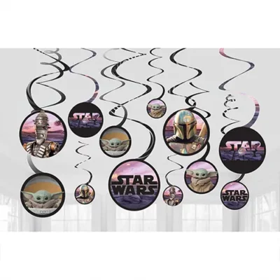 The Mandalorian Star Wars Spiral Swirl Decorations Value Pack Star Wars Mandalorian hanging swirl decorations 12pk featuring Baby Yoda Grogu Mandalorian and IG-11 – Star Wars party ceiling decorations NZ, Balloons4you Auckland