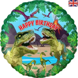 Jurassic Dinosaur Birthday round foil balloon 45cm, Jurassic dinosaur scene for prehistoric-themed birthday parties NZ — Balloons4you Silverdale Auckland
