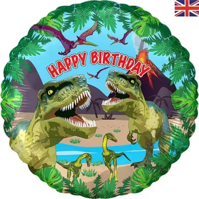 Jurassic Dinosaur Birthday round foil balloon 45cm, Jurassic dinosaur scene for prehistoric-themed birthday parties NZ — Balloons4you Silverdale Auckland