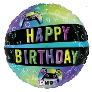 Gaming Happy Birthday round foil balloon 45cm, vivid pixel gaming design for gamer and Minecraft-themed birthday parties NZ — Balloons4you Silverdale Auckland