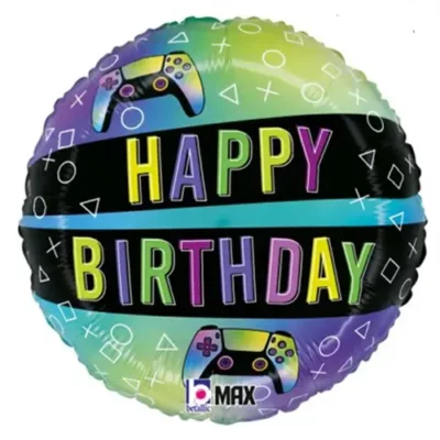 Gaming Happy Birthday round foil balloon 45cm, vivid pixel gaming design for gamer and Minecraft-themed birthday parties NZ — Balloons4you Silverdale Auckland