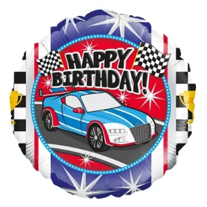 Sports Car Happy Birthday round foil balloon 45cm, race car design for car, racing and transport-themed birthday parties NZ — Balloons4you Silverdale Auckland