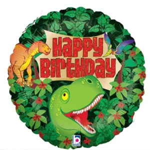 Birthday Dinosaur green round foil balloon 45cm, realistic dinosaur design for prehistoric-themed birthday parties NZ — Balloons4you Silverdale Auckland