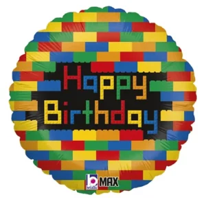 Building Blocks Happy Birthday round foil balloon 45cm, colourful brick design for building block themed birthday parties NZ — Balloons4you Silverdale Auckland