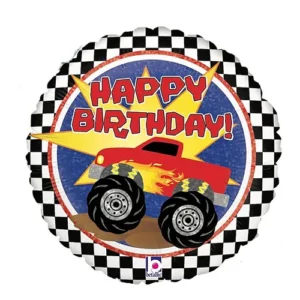 Monster Truck Happy Birthday round foil balloon 45cm, monster truck design for transport and racing-themed birthday parties NZ — Balloons4you Silverdale Auckland