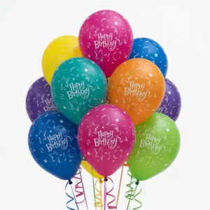 Happy Birthday stars latex balloon 28cm in assorted fantasy colours, stars and swirls design for birthday parties NZ — Balloons4you Silverdale Auckland