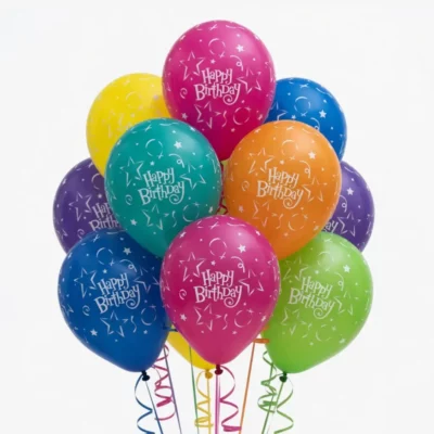 28cm Round Fantasy Assorted Birthday-A-Round Happy Birthday stars latex balloon 28cm in assorted fantasy colours, stars and swirls design for birthday parties NZ — Balloons4you Silverdale Auckland