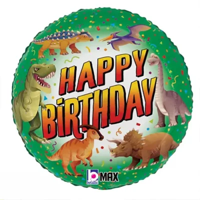 Happy Birthday Dinosaur round foil balloon 45cm, dinosaur design for prehistoric-themed birthday parties NZ — Balloons4you Silverdale Auckland