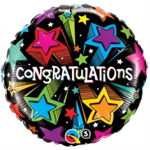 Congratulations shooting stars round foil balloon 45cm, black design with bright stars for graduation and celebrations NZ — Balloons4you Silverdale Auckland