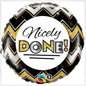 Nicely Done chevron round foil balloon 45cm, gold and black design for graduation and congratulations NZ — Balloons4you Silverdale Auckland
