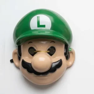 Luigi plastic party mask 23.5cm x 20.3cm, green cap character mask for Super Mario themed birthday parties NZ — Balloons4you Silverdale Auckland