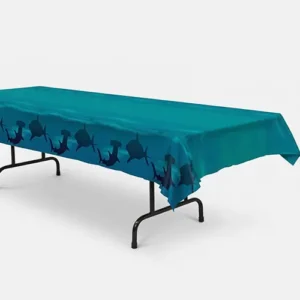 Shark print plastic tablecover 137cm x 274cm draped on a trestle table, blue ocean shark-themed party tableware NZ — Balloons4you Silverdale Auckland