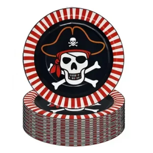 Pirate paper plates 22.9cm pack of 10 with skull and crossbones and red striped border, pirate-themed party tableware NZ — Balloons4you Silverdale Auckland